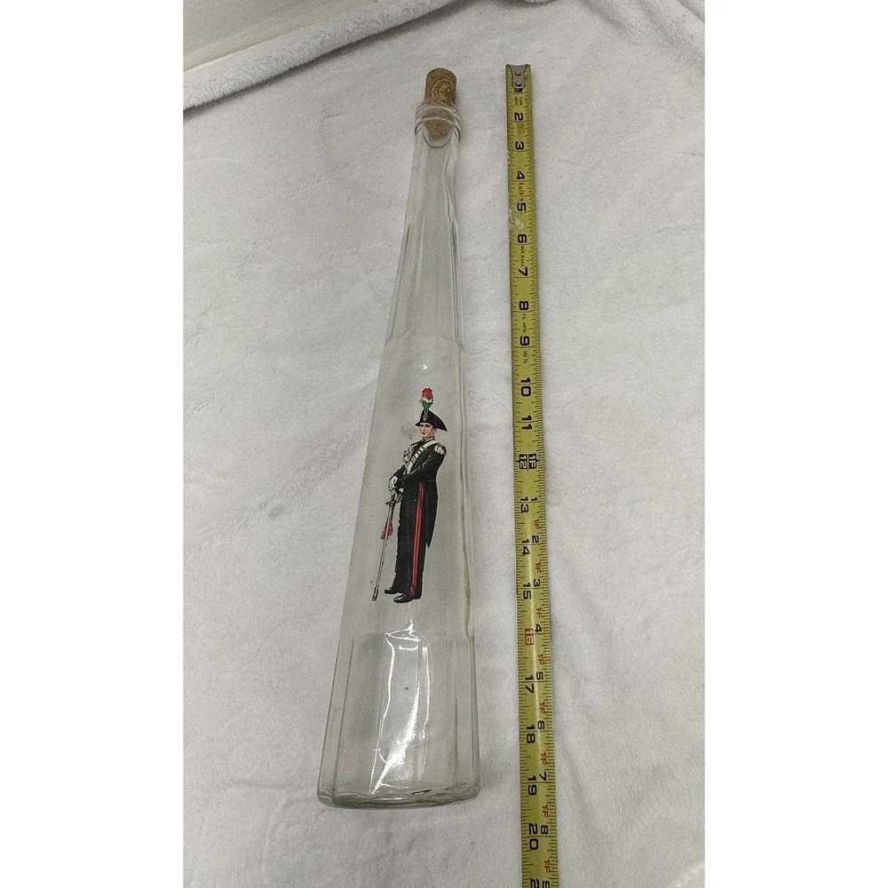 Bolaro Glass Decanter Italy Clear Tall Soldier Graphic FacetedBase Excellent Vtg